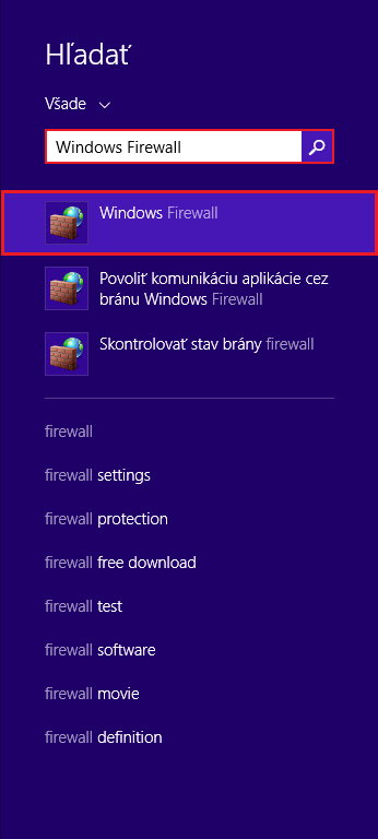 Vyhľadanie programu Windows Firewall