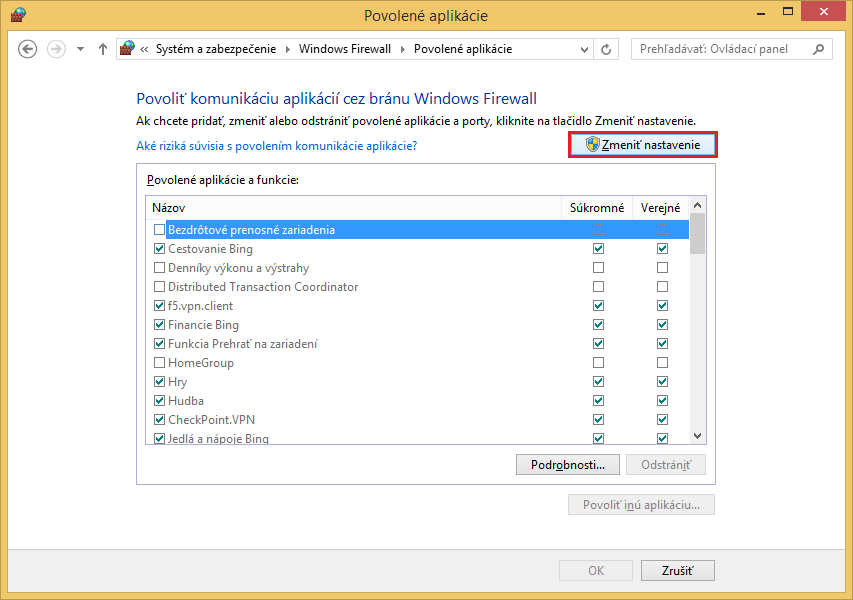 Povoliť zmeny v nastavení firewallu