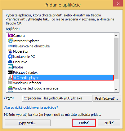 Pridanie VLC media player do výnimiek