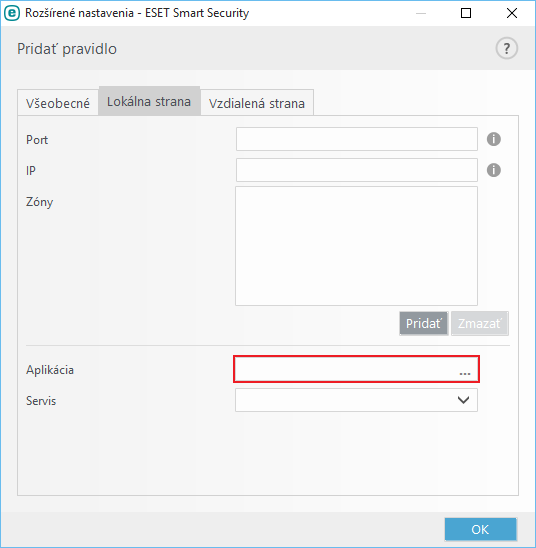 Nastavenie pravidla - Lokálna strana - Aplikácia