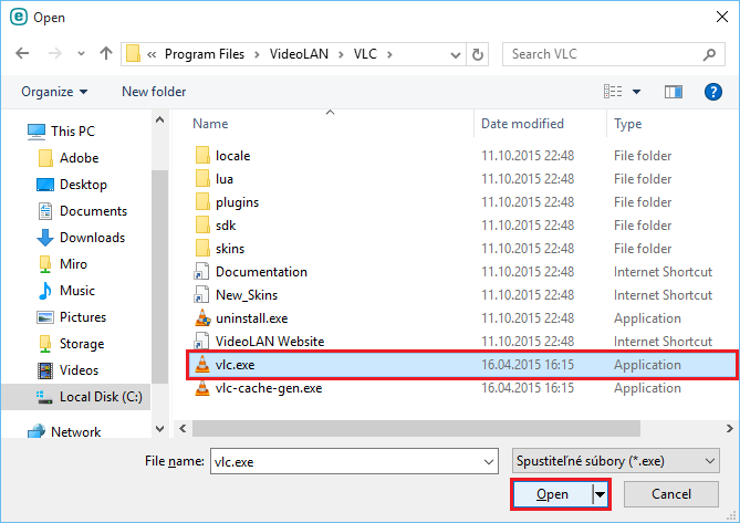 Výber aplikácie vlc.exe